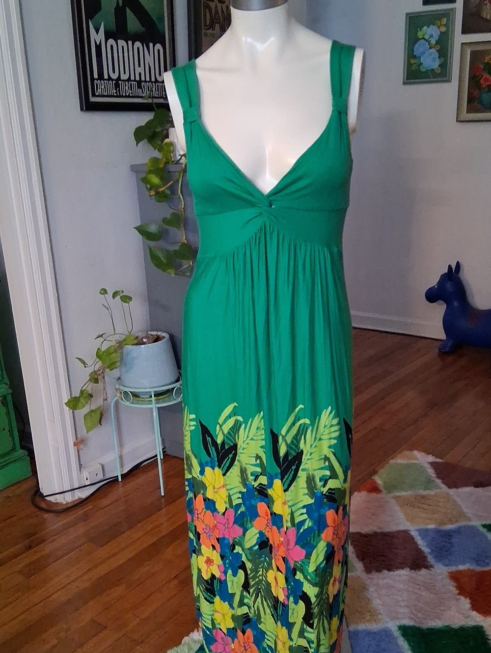 Spense Green Maxi Dress with Tropical Floral Hem